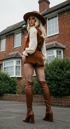 Woman in a brown hat and vest with thigh-high boots looking over her shoulder