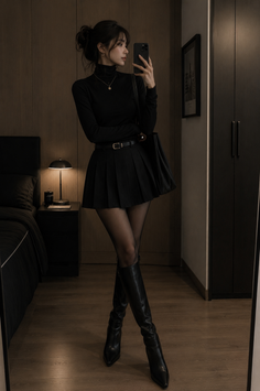 Woman in a black turtleneck and pleated skirt taking a mirror selfie indoors