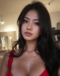 Woman with long dark hair and freckles wearing a red top