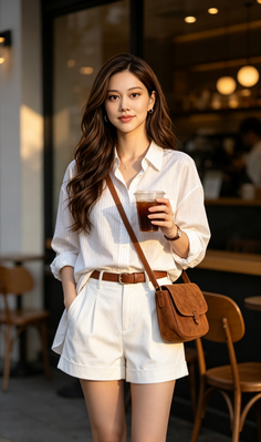 Woman in white shorts and shirt holding a drink outdoors at golden hour