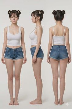 Woman in a white tank top and denim shorts shown from multiple angles