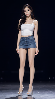 Woman in a white tank top and denim mini skirt on a dark stage
