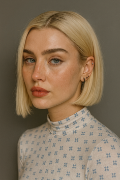 Woman with short blonde hair and blue eyes wearing a patterned turtleneck