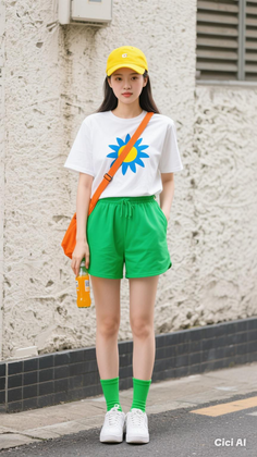 Woman in a yellow cap, white t-shirt, and green shorts holding a drink bottle