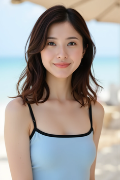 Woman in a light blue swimsuit on a beach with soft lighting
