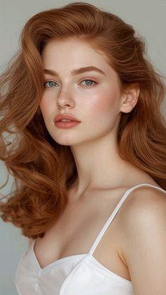 Woman with red hair and blue eyes wearing a white top, looking at the camera