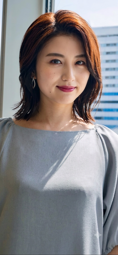 Woman with short brown hair wearing a gray top and earrings indoors
