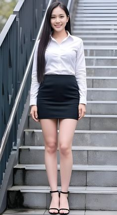Woman in a white shirt and black skirt standing on outdoor stairs