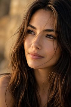 Woman with long dark hair in soft golden hour lighting