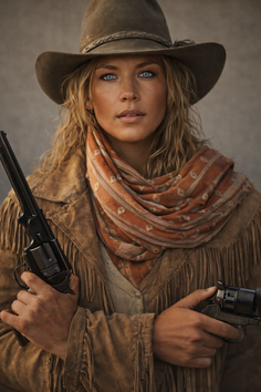 Woman in a cowboy hat and fringe jacket holding two revolvers