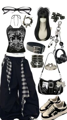 Gothic style outfit with black top, plaid pants, and accessories