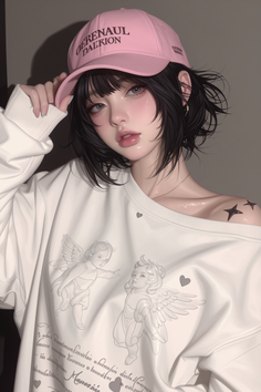 Anime style girl with a pink cap and an off-shoulder top