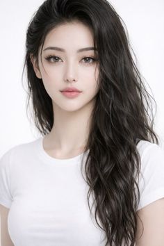 Woman with long black hair wearing a white t-shirt, looking directly at the viewer