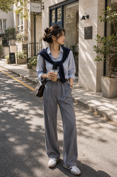 Woman in a striped shirt and wide leg pants with a sweater over her shoulders