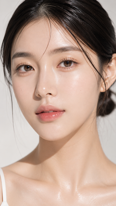 Close-up portrait of a woman with glowing skin and natural makeup