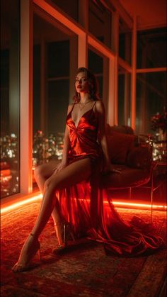 Woman in a red dress with a high slit sitting by a window overlooking a city at night