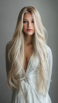 Woman with long blonde hair in a white dress with a deep V-neckline