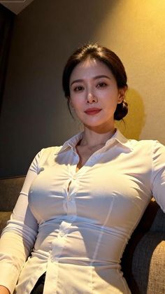 Woman in a tight white shirt with bun hair, sitting indoors