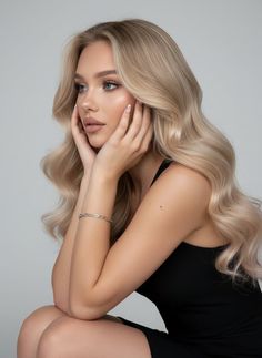 Woman with long blonde wavy hair in a black dress, hands near her face