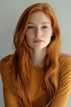 Woman with long red hair and freckles looking directly at the camera