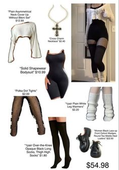 Fashion collage featuring a black bodysuit, white shrug, and various accessories