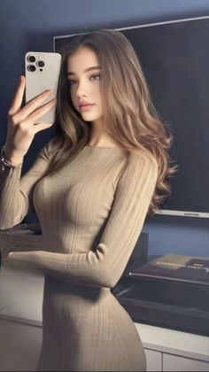 Woman with long hair taking a selfie in a ribbed dress indoors