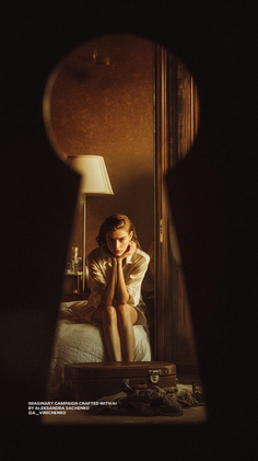 Woman in a white shirt sitting on a bed, viewed through a keyhole