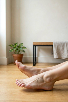Bare feet on a wooden floor with a potted plant and bench in the background