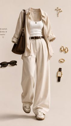 Full body flat lay of a neutral-toned outfit with accessories