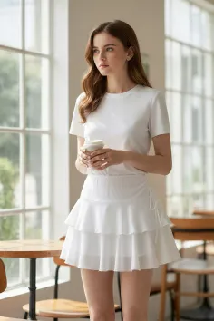 Woman in a white t-shirt and ruffled skirt holding a coffee cup indoors