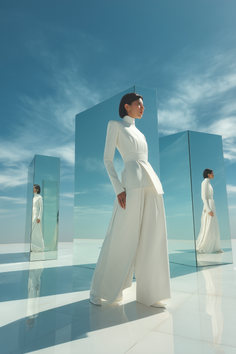 Woman in a white outfit standing among mirrors under a blue sky