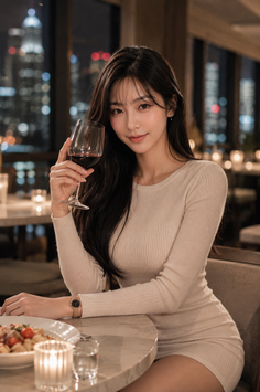 Woman in a ribbed dress holding a wine glass at a restaurant with a city view