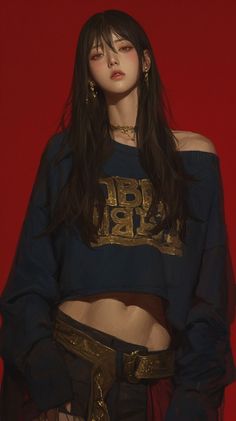 Illustration of a woman with long dark hair wearing a crop top and jewelry