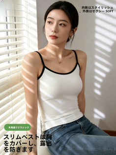 Woman in a white camisole and blue jeans sitting by a window with blinds