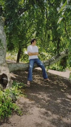 Man in a white t-shirt and blue jeans sitting on a tree branch outdoors
