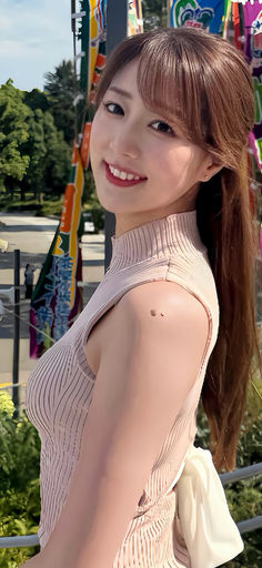 Woman with long brown hair and a sleeveless top smiling outdoors