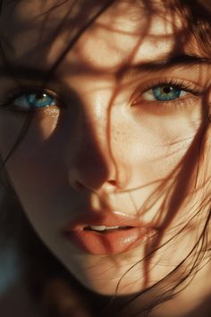 Close up of a woman's face with blue eyes and shadows from hair