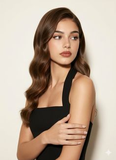 Woman with long wavy brown hair wearing a black dress, looking to the side