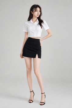 Woman in a white cropped shirt and black mini skirt with a slit
