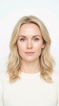 Woman with blonde wavy hair and blue eyes wearing a white sweater