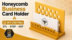 Yellow honeycomb business card holder with white cards on a wooden surface