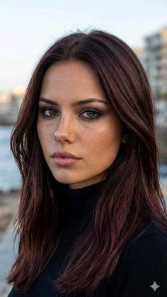 Woman with long dark hair and green eyes wearing a black turtleneck outdoors