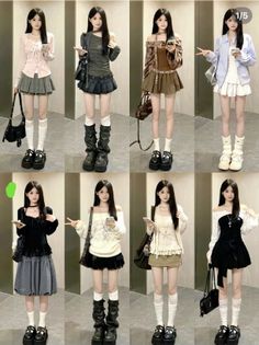 Eight women posing in different outfits, showcasing various fashion styles