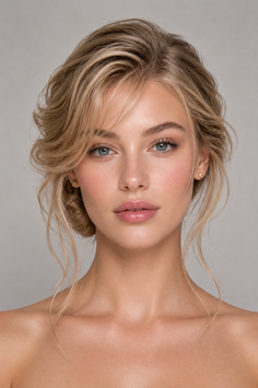 Woman with blonde hair in an updo and bare shoulders looking at the camera