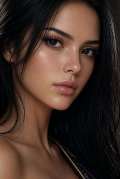 Realistic portrait of a woman with long wet black hair and glowing skin