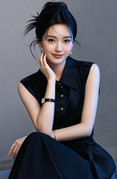 Woman in a black dress with an updo, wearing earrings and a watch