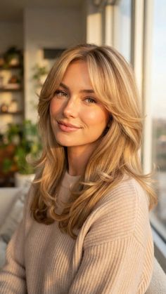 Woman with blonde layered hair in a sweater, bathed in golden hour light indoors