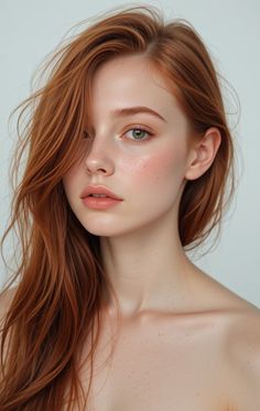 Realistic portrait of a woman with long red hair and freckles