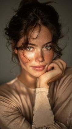 Woman with freckles and green eyes in soft, warm lighting
