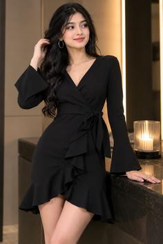 Woman in a black ruffle dress with long dark hair posing indoors